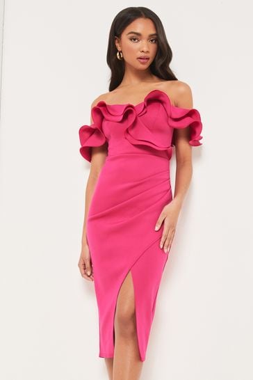 Lipsy Pink Petite Ruffle Bardot Midi Dress