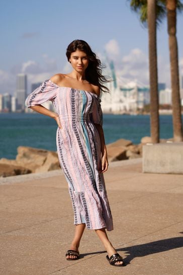 Lipsy Pink Linen Look Puff Sleeve Midi Dress