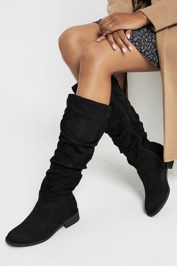 Lipsy Black Suedette Wide FIt Suedette Ruched Flat Knee Boot