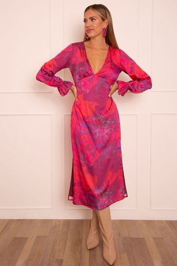 Chi Chi London Red & Purple Long Sleeve V Neck Floral Dress