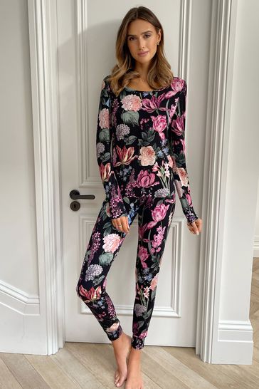 Lipsy Black Floral Long Sleeve Trouser Pyjama Set
