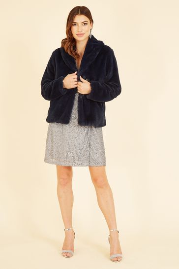 Yumi Navy Blue Short Wrap Faux Fur Coat