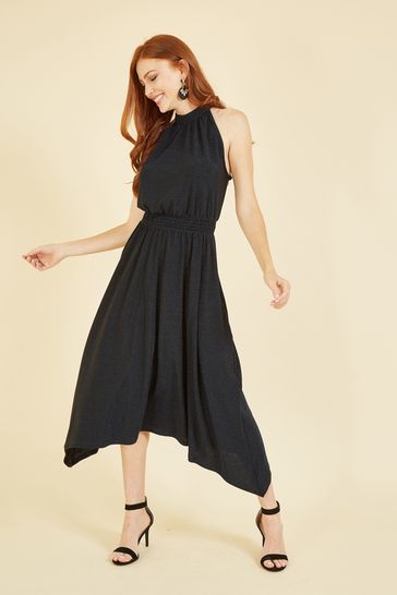 Buy Yumi Navy Blue Sparkle Halter neck Handkerchief Midi Dress