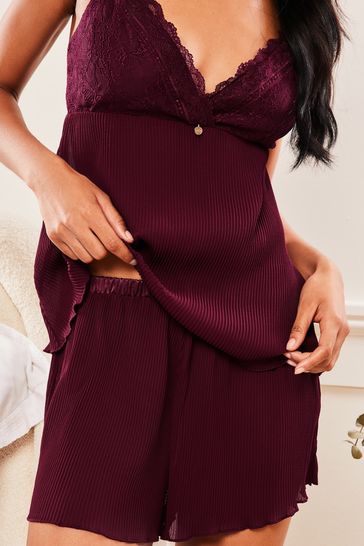 Lipsy Red Lace Plisse Cami Short Pyjamas