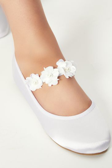 Lipsy Girl White Wide FIt Occasion Flower Marjane Ballerina