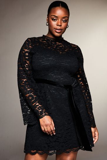 Lipsy Black Curve Long Sleeve Lace Detail Shift Mini Dress