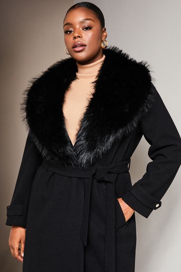 Buy Lipsy Black Curve Faux Fur Collar Belted Longline Wrap Coat from Next  Austria