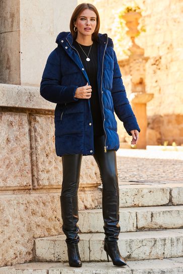 Buy Sosandar Blue Velvet Padded Coat from Next Luxembourg