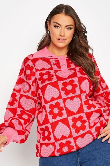 Yours Curve Pink Heart Flower Check Jumper