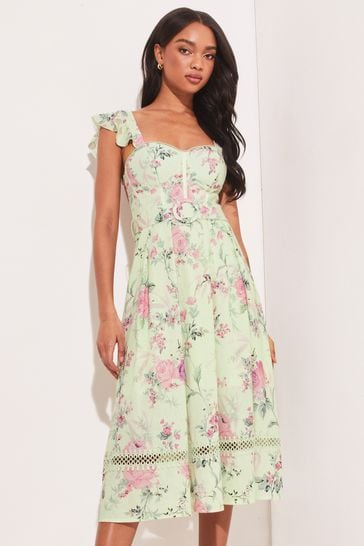 Lipsy Green Premium Printed Corset Ruffle Strap Midi Dress