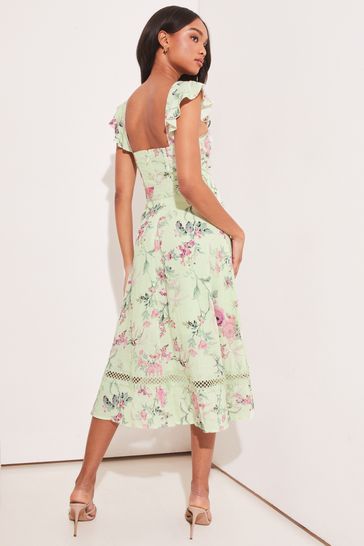 Lipsy Green Premium Printed Corset Ruffle Strap Midi Dress
