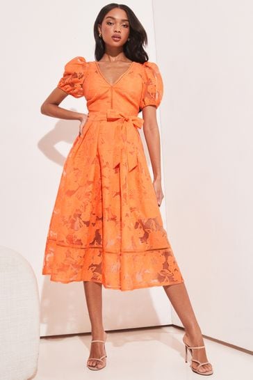 Lipsy Orange Petite Premium V Neck Belted Lace Short Puff Sleeve Midi Dress