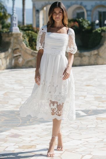 Lipsy White Premium Square Neck Puff Sleeve Lace Belted Skater Dress