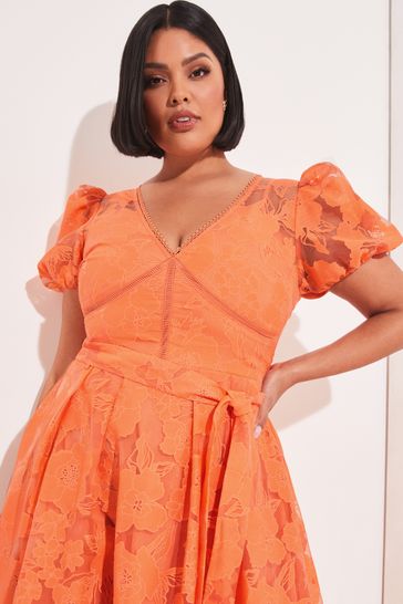 Lipsy Orange Curve Premium V Neck Belted Lace Short Puff Sleeve Midi Dress
