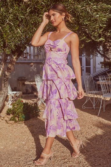 Lipsy Purple Cut Out Belted Sweetheart Neck Tiered Midi Dress