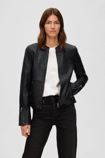 Selected Femme Black Real Leather Collarless Jacket