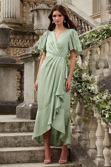 Lipsy Sage Flutter Sleeve Wrap Front Bridesmaid Maxi Dress