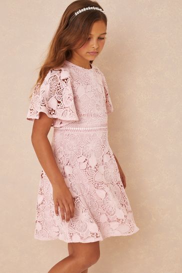 Lipsy Pink Angel Sleeve Lace Occasion Dress