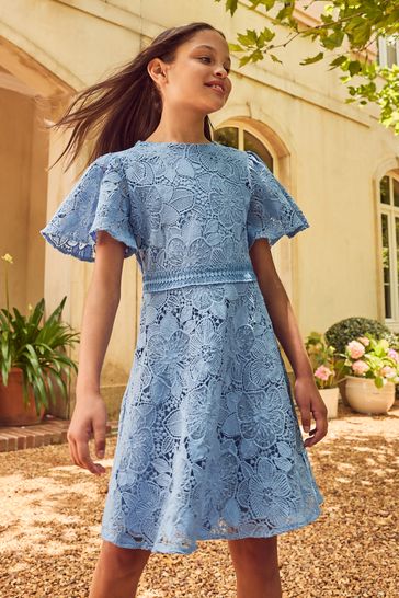 Lipsy Blue Angel Sleeve Lace Occasion Dress