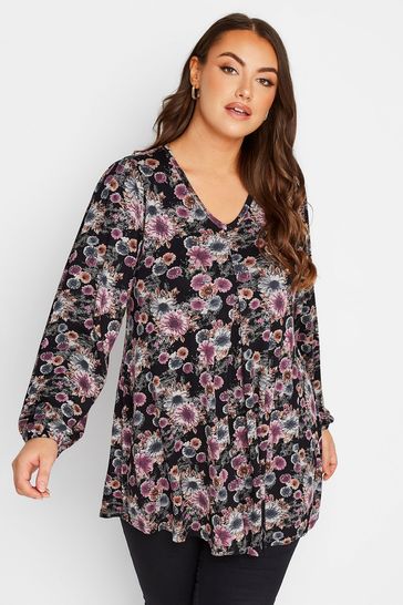 Yours Curve Black Floral V-Pleat Long Sleeve Top