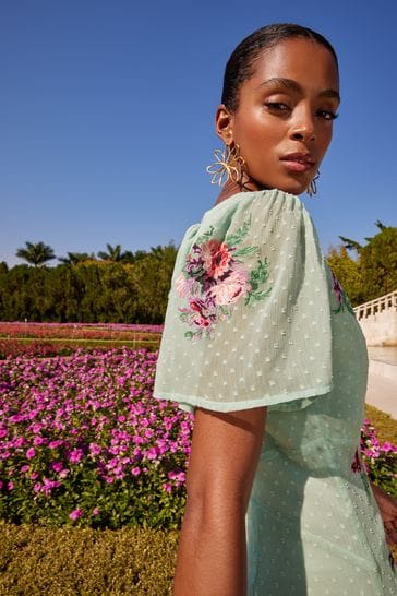 Buy V A Love Roses Sage Green Embroidered Embroidered V Neck Dobby Flutter Sleeve Midi Dress from Next Denmark