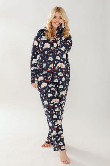 Chelsea Peers Blue Curve Christmas Festive Town Button Up Long Pyjama Matching Family Set - Womens