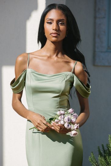Buy Lipsy Sage Green Off the Shoulder Strappy Satin Bridemaid
