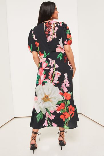 Buy Lipsy Black Floral Curve Woven Underbust Puff Sleeve Summer Midi Dress  from Next Luxembourg