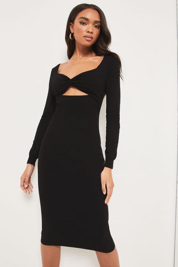 Lipsy Black Cut Out Sweetheart Neckline Ruched Knitted Dress