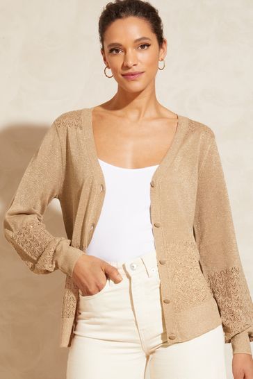 Buy Love Roses Gold Sparkle V Neck Pointelle Button Up Cardigan