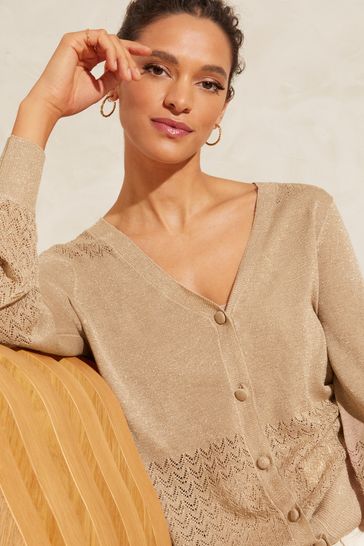 Buy Love Roses Gold Sparkle V Neck Pointelle Button Up Cardigan