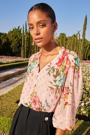 Buy Vu0026A l Love u0026 Roses Printed Ruffle Frill Neck Metallic Blouse from Next  Ireland