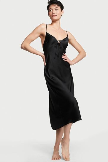 Black satin midi slip dress clearance