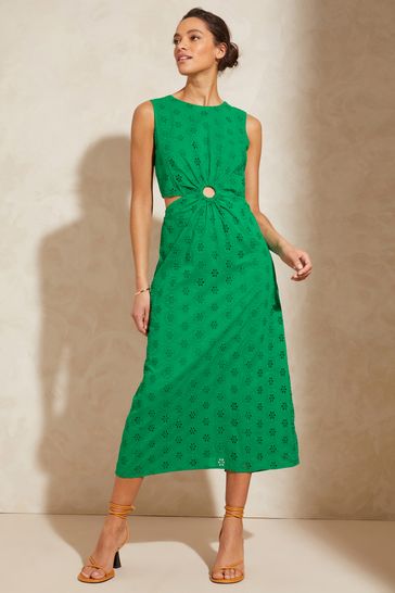 Love & Roses Green Broderie Cut Out Ring Detail Ruched Midi Dress