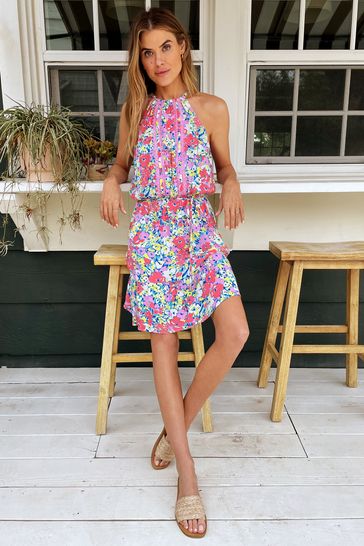Buy Love Roses Pink Floral Halter Keyhole Tie Waist Mini Dress