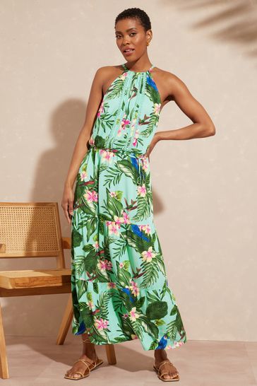 Buy Love & Roses Printed Lace Trim Halter Belted Tiered Midi Dress from ...