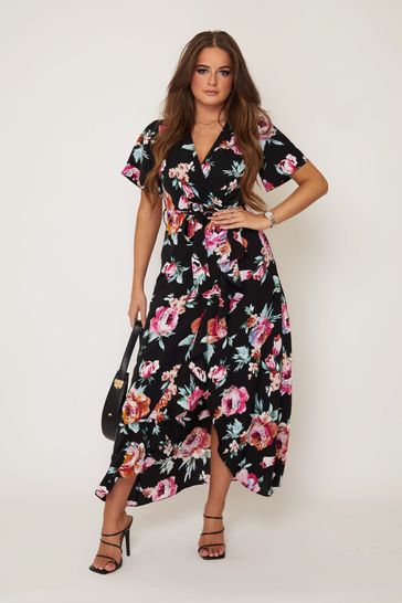Girl In Mind Black and Pink Floral Farren Wrap Maxi Dress