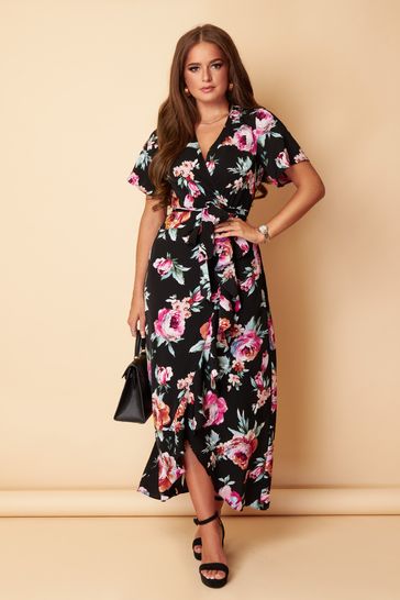 Girl In Mind Black and Pink Floral Petite Farren Wrap Maxi Dress