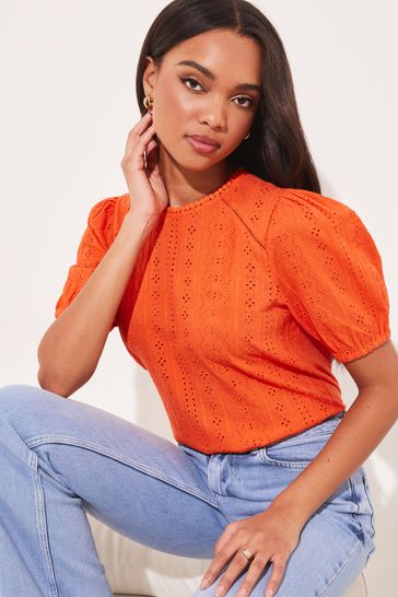Lipsy Orange Broderie Front Half Sleeve T-Shirt