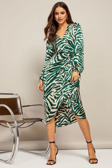 Green satin leopard print clearance wrap dress