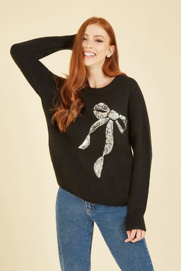 Yumi Black Sequin Bow Knitted Jumper