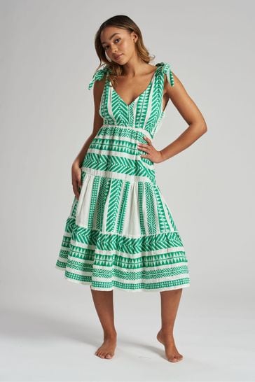 South Beach Green Jacquard Tie Shoulder Summer Dress