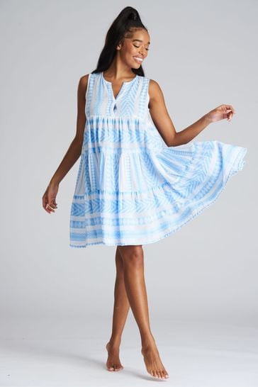 South Beach Blue Jacquard Sleevelsss Summer Dress