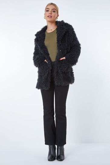 Black textured faux fur coat online