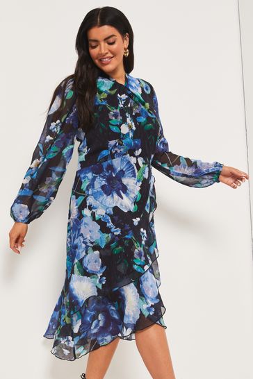 Lipsy Blue Curve Curve Long Sleeve Ruffle Midi Dress