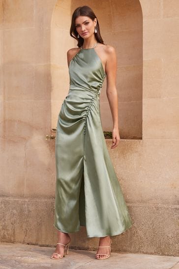 Lipsy Green Ciara Satin Split Halter Bridesmaid Dress