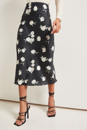 Lipsy Black Floral Satin Bias Cut Midi Skirt