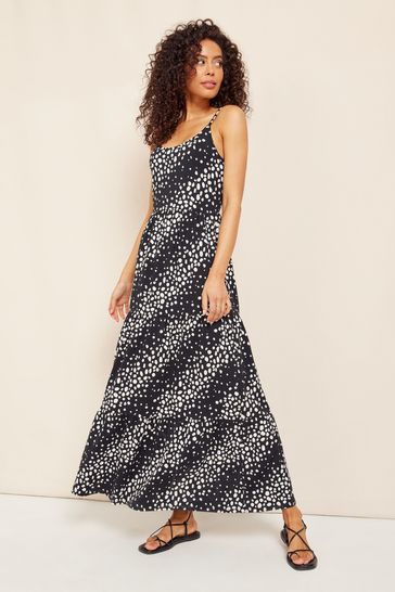 Friends Like These Black Spot Strappy Tiered Scoop Neck Summer Maxi Dress