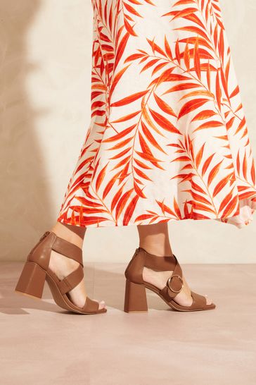Buy Love Roses Brown Cross Over Block Heel Buckle Sandals from