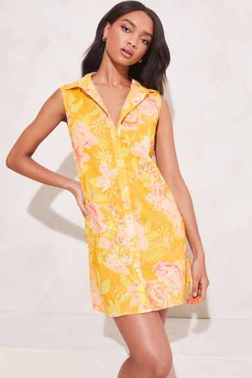 Lipsy Yellow Floral Print Broderie Sleeveless Tie Waist Mini Shirt Dress